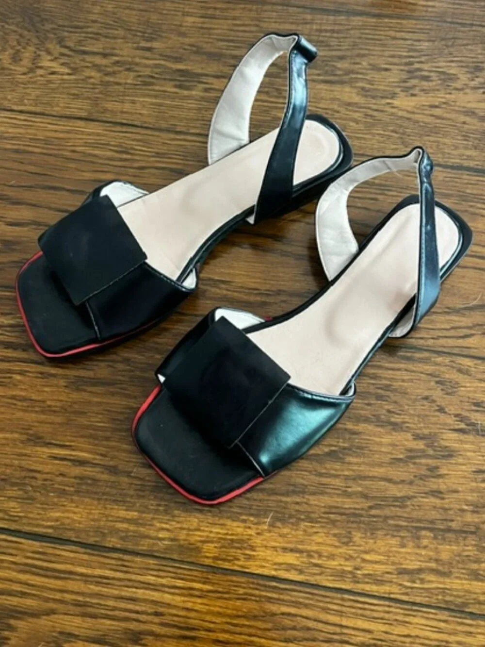 Women's Black Slingback Square-Toe Sandals w/Red Trim Size 10, Ex Cond!